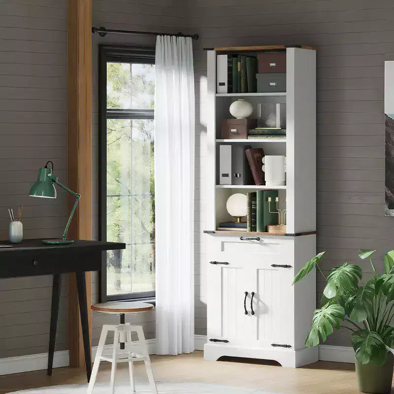 CuisinSmart 72'' Farmhouse Bookshelf with Storage Cabinet, Floor Standing Book Storage Rack with Adjustable Shelf for Home Office Living Room, White