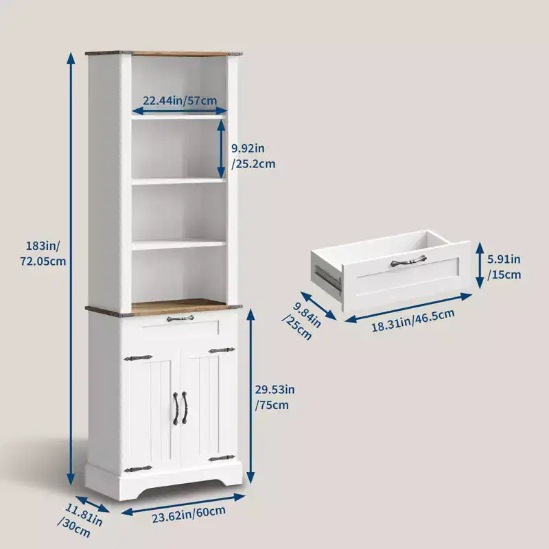 Étagère de Ferme de 183 cm avec Armoire de Rangement, Étagère à Livres sur Pied avec Étagère Réglable pour Bureau à Domicile, Salon, Blanc