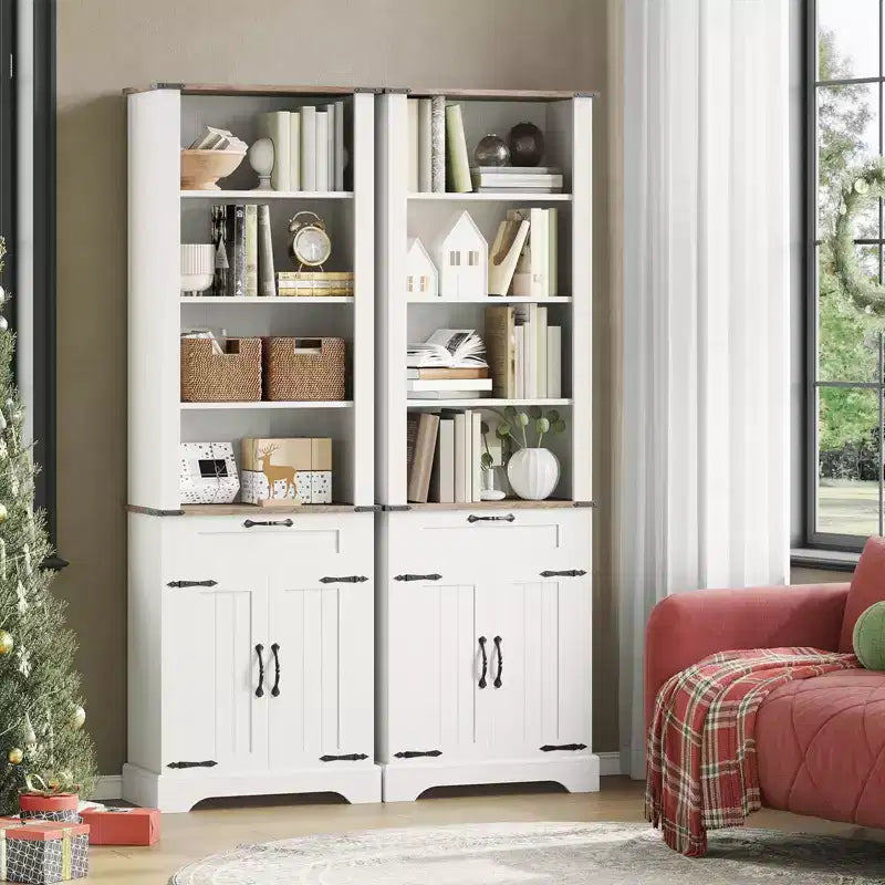 Étagère de Ferme de 183 cm avec Armoire de Rangement, Étagère à Livres sur Pied avec Étagère Réglable pour Bureau à Domicile, Salon, Blanc