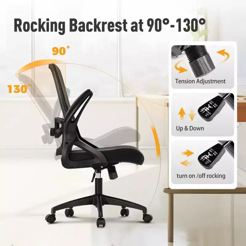 Chaise de bureau ergonomique pivotante avec accoudoirs et hauteur réglables, noire