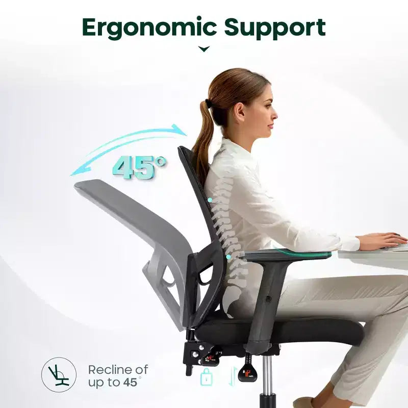 Chaise de bureau ergonomique pivotante avec accoudoirs et hauteur réglables, noire