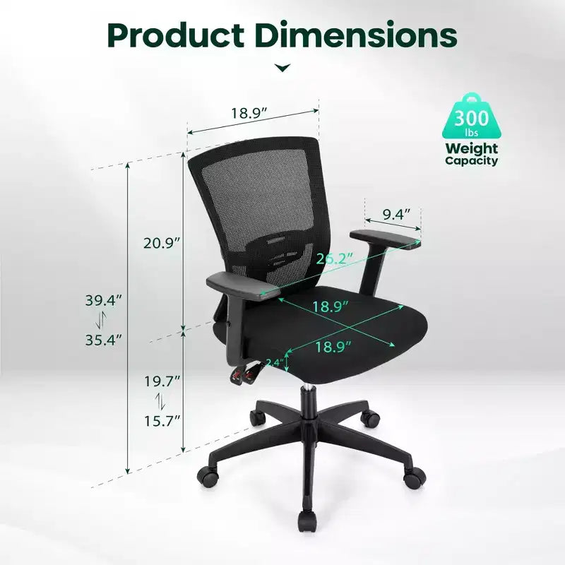 Chaise de bureau ergonomique pivotante avec accoudoirs et hauteur réglables, noire