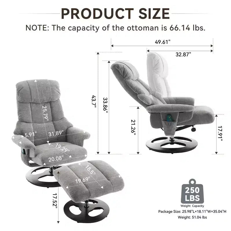 Fauteuil de salon inclinable pivotant Okak Modern en chenille réglable avec pouf, fauteuil d'appoint décontracté pour salons, zones de détente