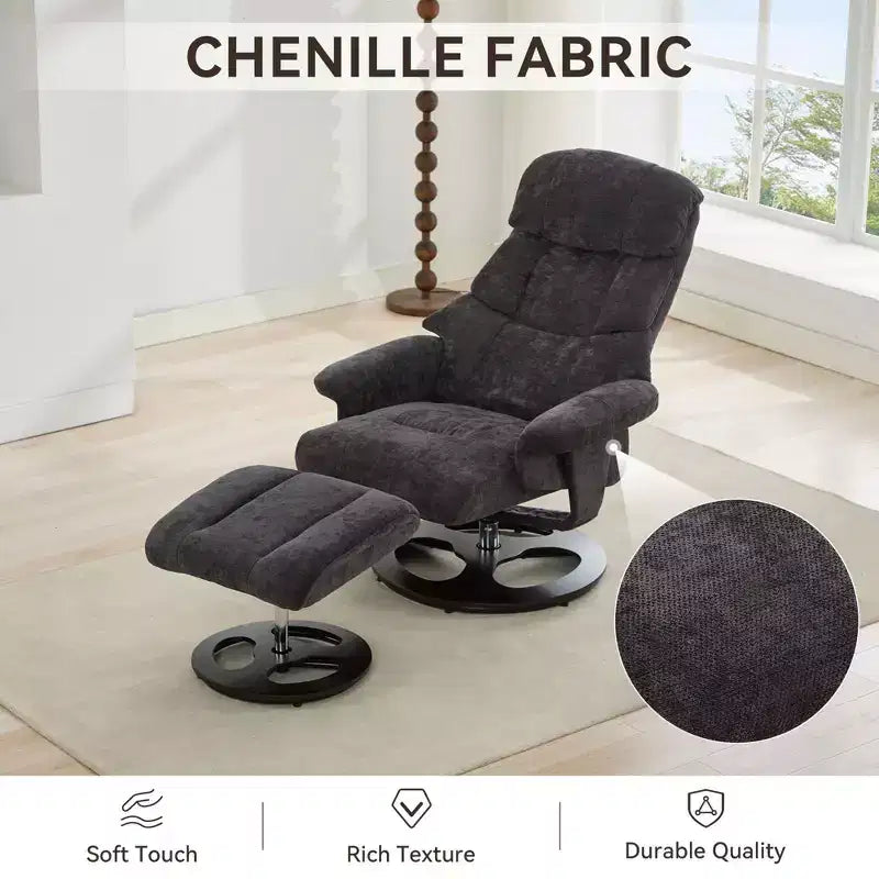Fauteuil de salon inclinable pivotant Okak Modern en chenille réglable avec pouf, fauteuil d'appoint décontracté pour salons, zones de détente