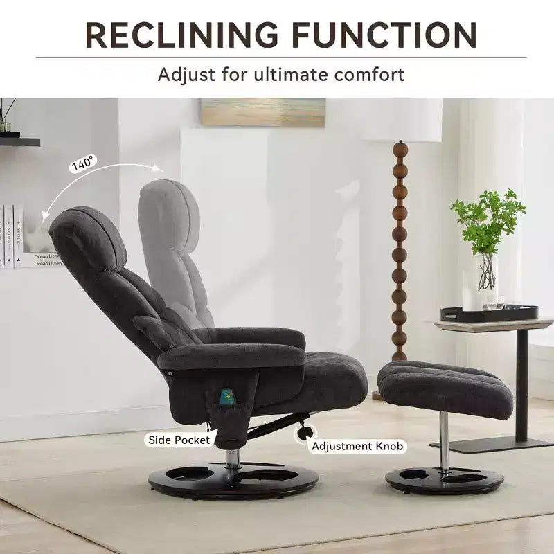 Fauteuil de salon inclinable pivotant Okak Modern en chenille réglable avec pouf, fauteuil d'appoint décontracté pour salons, zones de détente