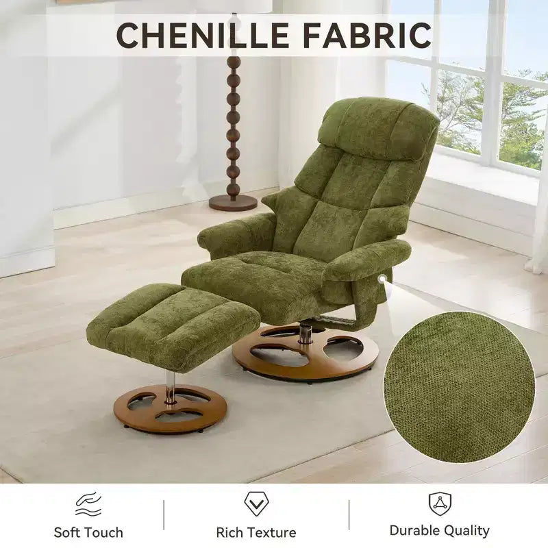 Fauteuil de salon inclinable pivotant Okak Modern en chenille réglable avec pouf, fauteuil d'appoint décontracté pour salons, zones de détente