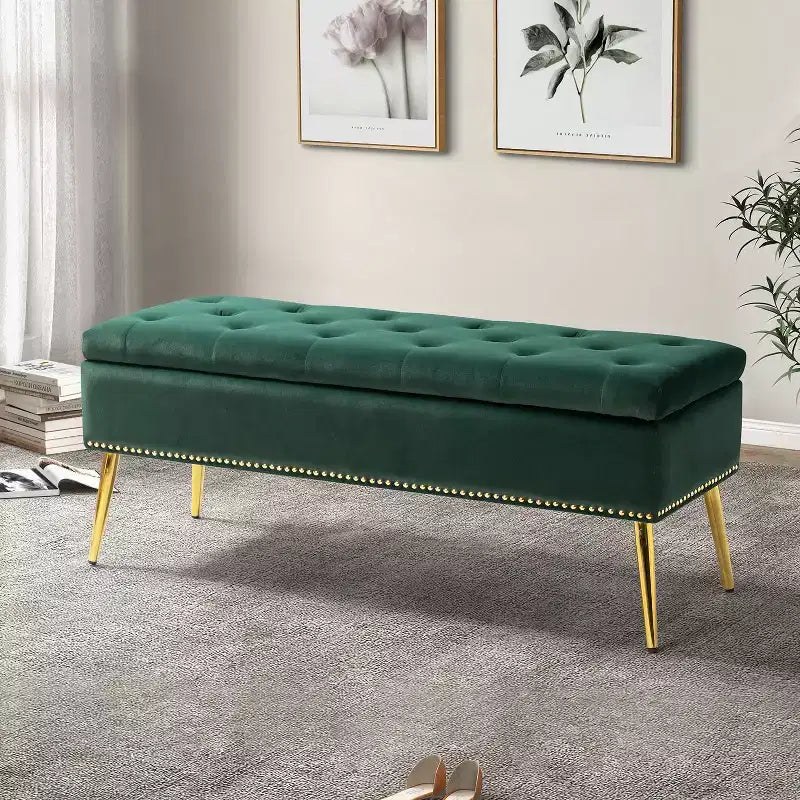 Banc de rangement Hippolytus avec garniture cloutée et capitonnage pour chambre à coucher | ART OF LIVING DESIGNS-NOIR