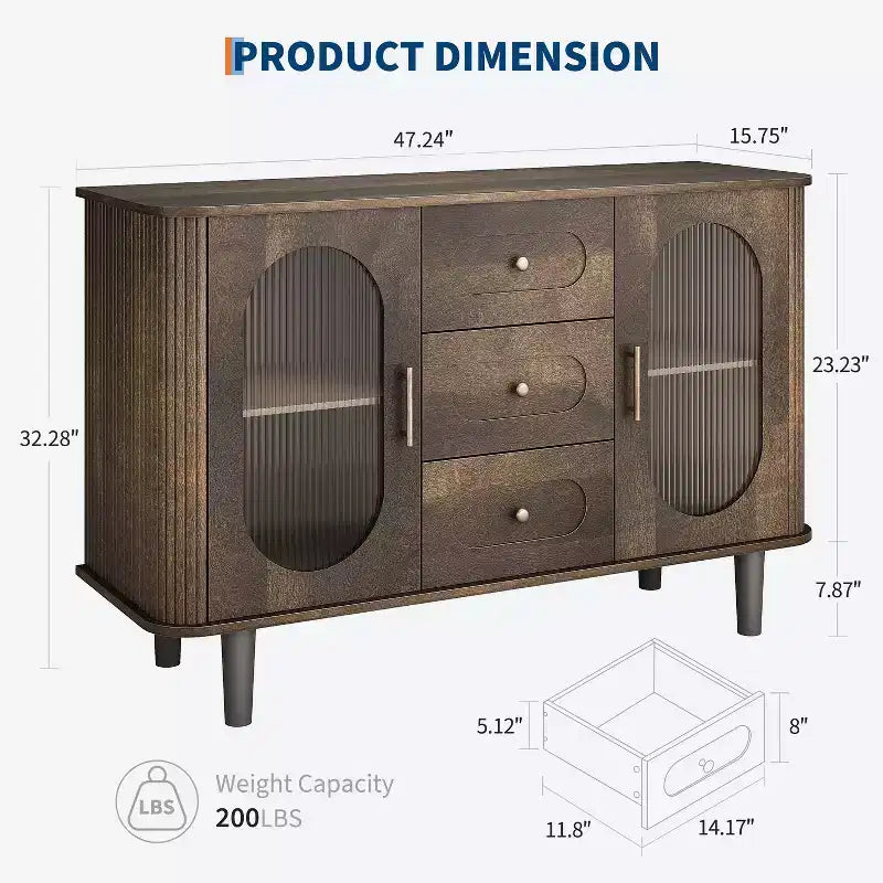 CuisinSmart Buffet de salle à manger avec 2 portes en verre cannelé et 3 tiroirs, meuble de bar à café de style ferme avec étagères réglables pour cuisine et salon
