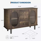 CuisinSmart Buffet de salle à manger avec 2 portes en verre cannelé et 3 tiroirs, meuble de bar à café de style ferme avec étagères réglables pour cuisine et salon