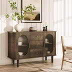 CuisinSmart Buffet de salle à manger avec 2 portes en verre cannelé et 3 tiroirs, meuble de bar à café de style ferme avec étagères réglables pour cuisine et salon