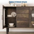CuisinSmart Buffet de salle à manger avec 2 portes en verre cannelé et 3 tiroirs, meuble de bar à café de style ferme avec étagères réglables pour cuisine et salon