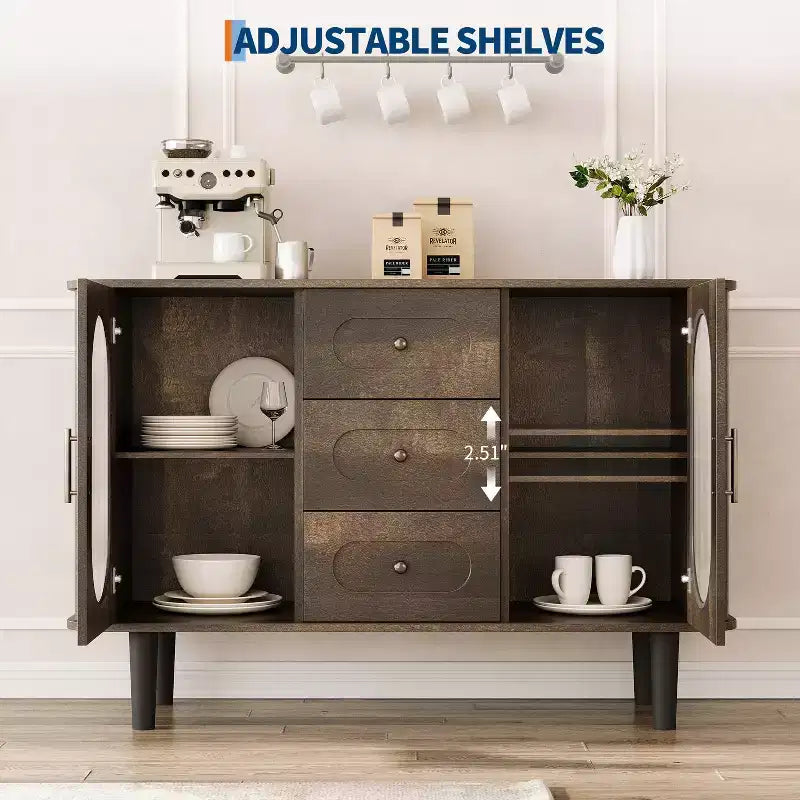 CuisinSmart Buffet de salle à manger avec 2 portes en verre cannelé et 3 tiroirs, meuble de bar à café de style ferme avec étagères réglables pour cuisine et salon