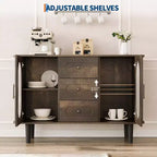 CuisinSmart Buffet de salle à manger avec 2 portes en verre cannelé et 3 tiroirs, meuble de bar à café de style ferme avec étagères réglables pour cuisine et salon