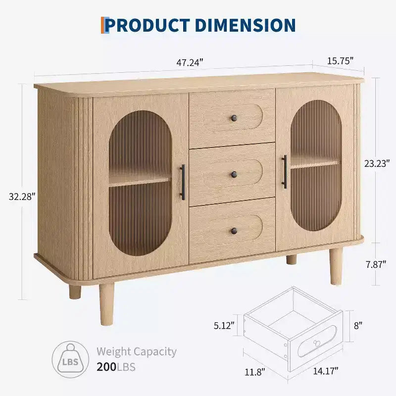 CuisinSmart Buffet de salle à manger avec 2 portes en verre cannelé et 3 tiroirs, meuble de bar à café de style ferme avec étagères réglables pour cuisine et salon