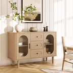 CuisinSmart Buffet de salle à manger avec 2 portes en verre cannelé et 3 tiroirs, meuble de bar à café de style ferme avec étagères réglables pour cuisine et salon