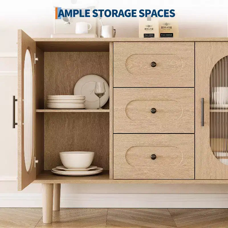 CuisinSmart Buffet de salle à manger avec 2 portes en verre cannelé et 3 tiroirs, meuble de bar à café de style ferme avec étagères réglables pour cuisine et salon