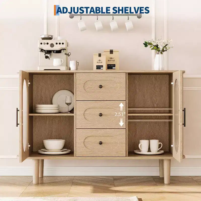 CuisinSmart Buffet de salle à manger avec 2 portes en verre cannelé et 3 tiroirs, meuble de bar à café de style ferme avec étagères réglables pour cuisine et salon