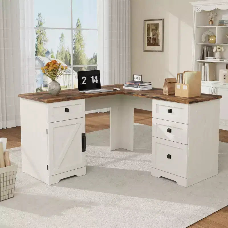 Bureau de direction en L de 60 pouces avec tiroirs de classement, armoire de rangement réglable et poste de travail informatique d'angle pour bureau à domicile
