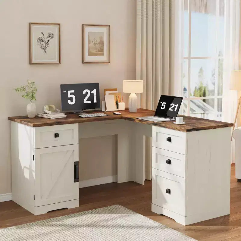 Bureau de direction en L de 60 pouces avec tiroirs de classement, armoire de rangement réglable et poste de travail informatique d'angle pour bureau à domicile