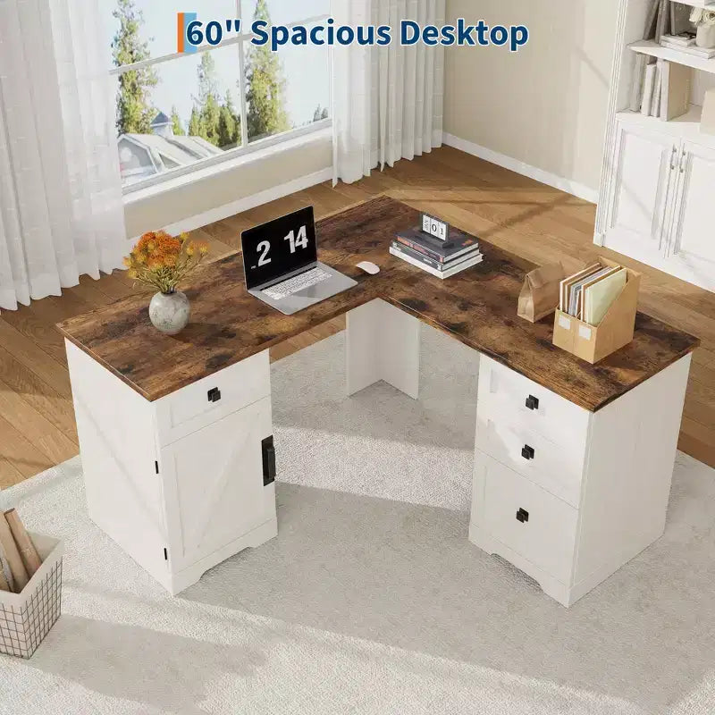 Bureau de direction en L de 60 pouces avec tiroirs de classement, armoire de rangement réglable et poste de travail informatique d'angle pour bureau à domicile