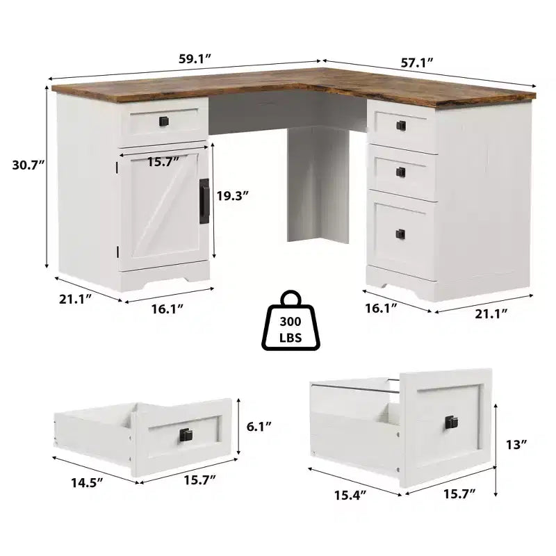 Bureau de direction en L de 60 pouces avec tiroirs de classement, armoire de rangement réglable et poste de travail informatique d'angle pour bureau à domicile