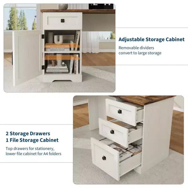 Bureau de direction en L de 60 pouces avec tiroirs de classement, armoire de rangement réglable et poste de travail informatique d'angle pour bureau à domicile