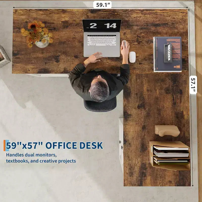 Bureau de direction en L de 60 pouces avec tiroirs de classement, armoire de rangement réglable et poste de travail informatique d'angle pour bureau à domicile