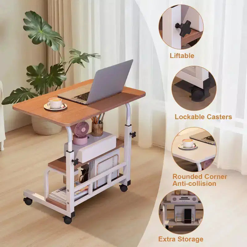 Bureau portable roulant sur roulettes, bureau d'ordinateur mobile pour petit espace, petit bureau debout, hauteur réglable, étagères de rangement, pour bureau à domicile ou étude