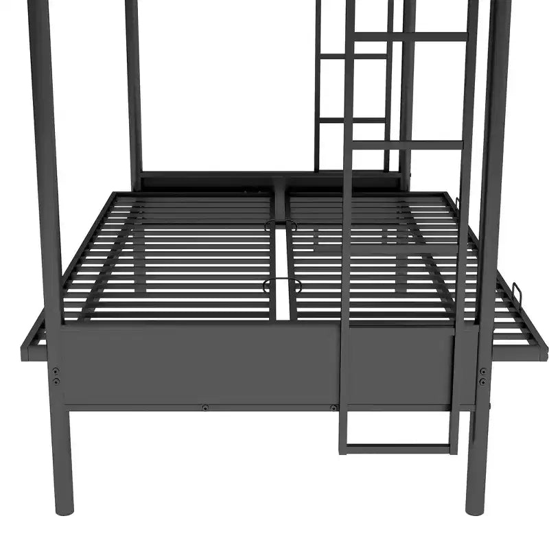 Lit superposé en métal une place et demi avec échelle et garde-corps, le lit inférieur peut être converti en lit de jour, multifonction, noir