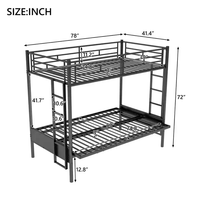 Lit superposé en métal une place et demi avec échelle et garde-corps, le lit inférieur peut être converti en lit de jour, multifonction, noir
