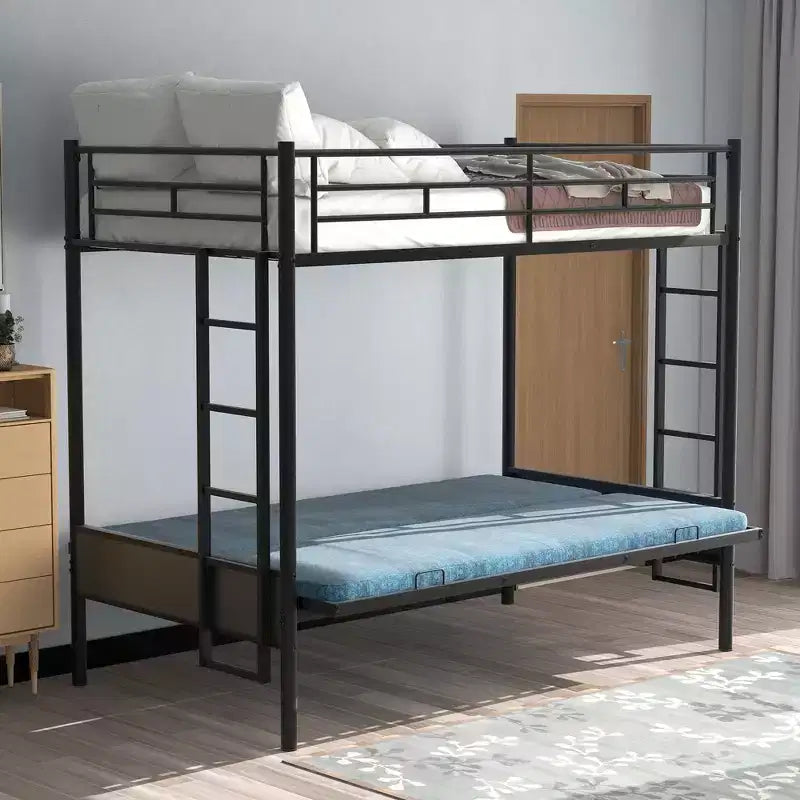Lit superposé en métal une place et demi avec échelle et garde-corps, le lit inférieur peut être converti en lit de jour, multifonction, noir