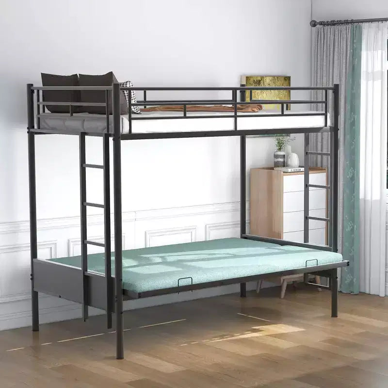 Lit superposé en métal une place et demi avec échelle et garde-corps, le lit inférieur peut être converti en lit de jour, multifonction, noir