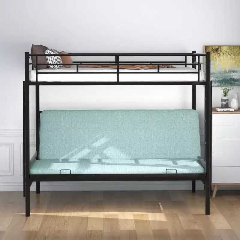 Lit superposé en métal une place et demi avec échelle et garde-corps, le lit inférieur peut être converti en lit de jour, multifonction, noir