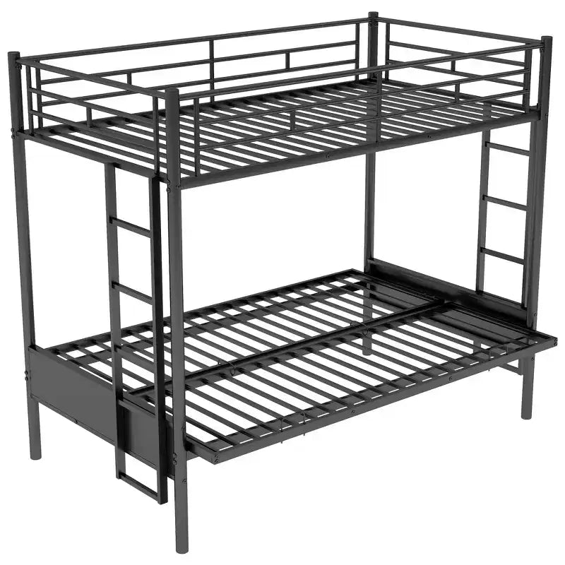 Lit superposé en métal une place et demi avec échelle et garde-corps, le lit inférieur peut être converti en lit de jour, multifonction, noir