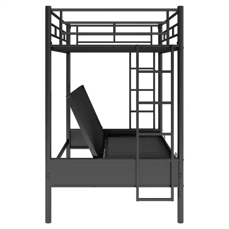 Lit superposé en métal une place et demi avec échelle et garde-corps, le lit inférieur peut être converti en lit de jour, multifonction, noir