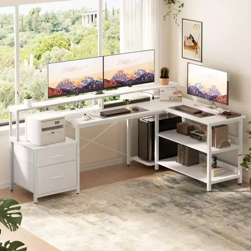 Besiost 66-73 Bureau réversible en L avec station de charge, bureau d'ordinateur pour bureau à domicile avec lumières LED et tiroirs