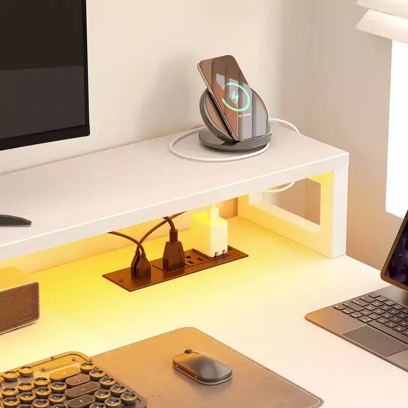 Besiost 66-73 Bureau réversible en L avec station de charge, bureau d'ordinateur pour bureau à domicile avec lumières LED et tiroirs