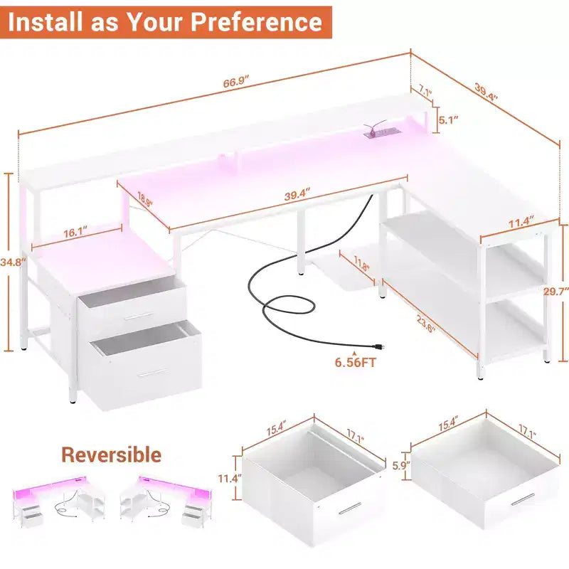 Besiost 66-73 Bureau réversible en L avec station de charge, bureau d'ordinateur pour bureau à domicile avec lumières LED et tiroirs