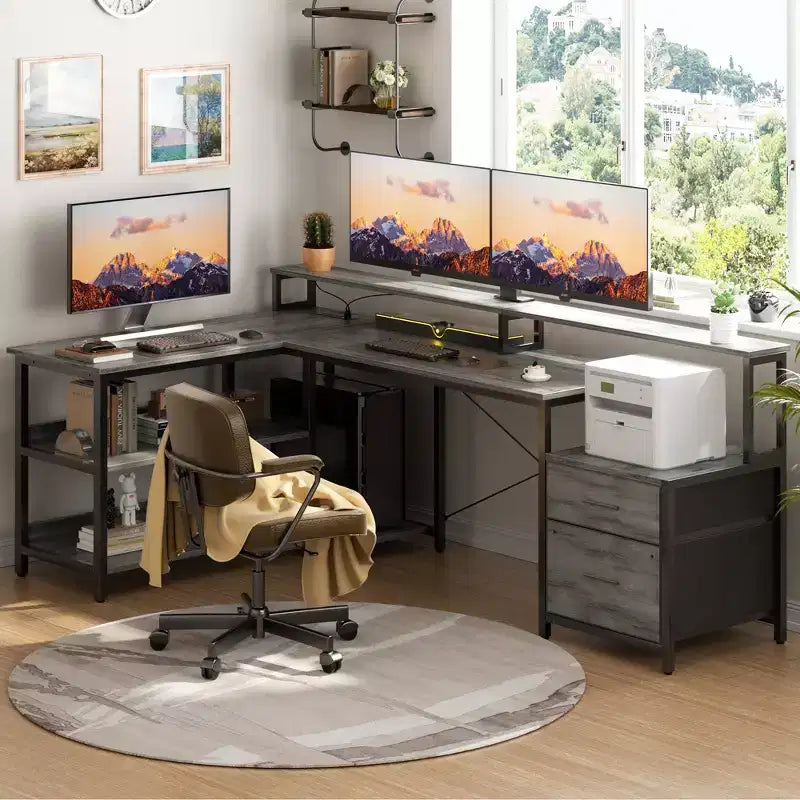 Besiost 66-73 Bureau réversible en L avec station de charge, bureau d'ordinateur pour bureau à domicile avec lumières LED et tiroirs
