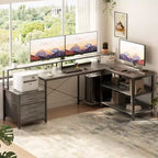 Besiost 66-73 Bureau réversible en L avec station de charge, bureau d'ordinateur pour bureau à domicile avec lumières LED et tiroirs