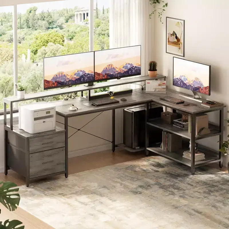Besiost 66-73 Bureau réversible en L avec station de charge, bureau d'ordinateur pour bureau à domicile avec lumières LED et tiroirs