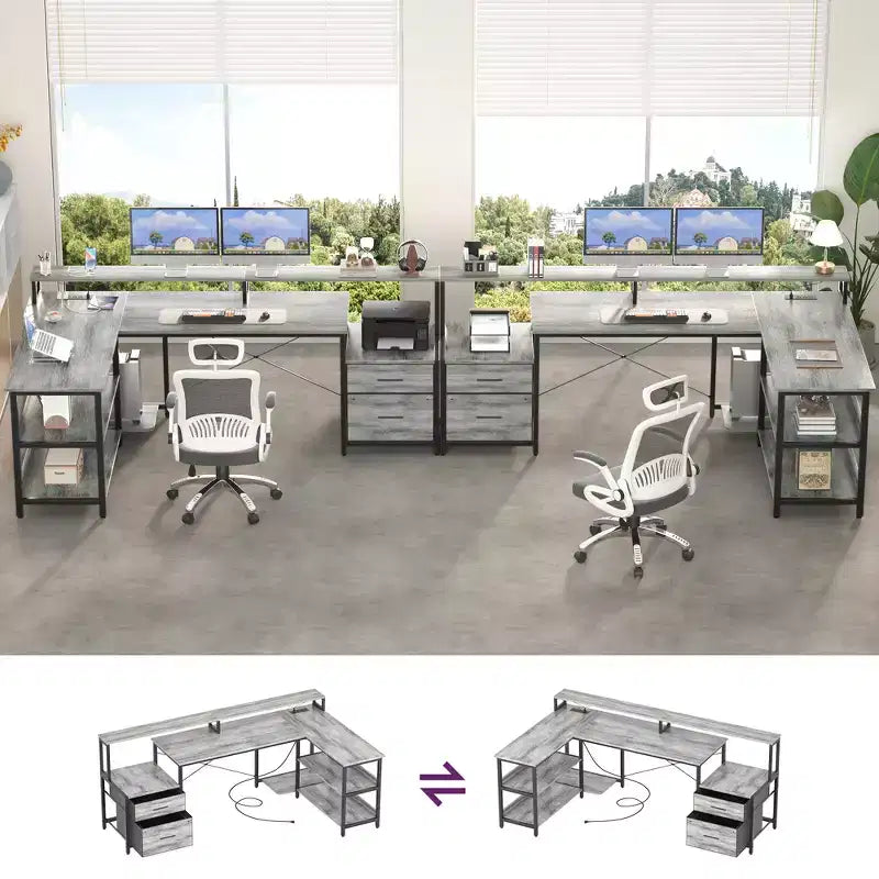 Besiost 66-73 Bureau réversible en L avec station de charge, bureau d'ordinateur pour bureau à domicile avec lumières LED et tiroirs