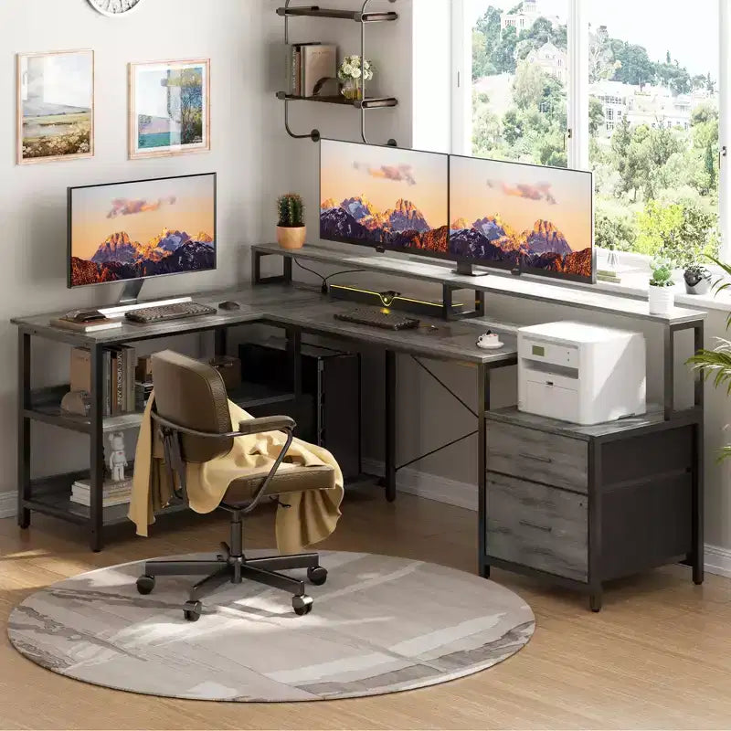 Besiost 66-73 Bureau réversible en L avec station de charge, bureau d'ordinateur pour bureau à domicile avec lumières LED et tiroirs