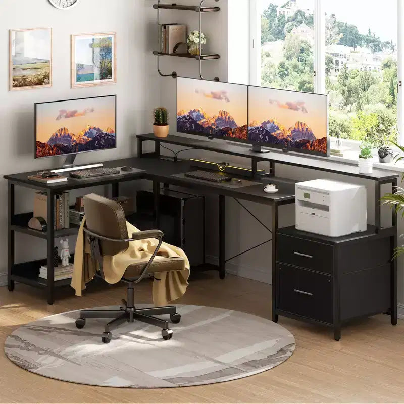 Besiost 66-73 Bureau réversible en L avec station de charge, bureau d'ordinateur pour bureau à domicile avec lumières LED et tiroirs
