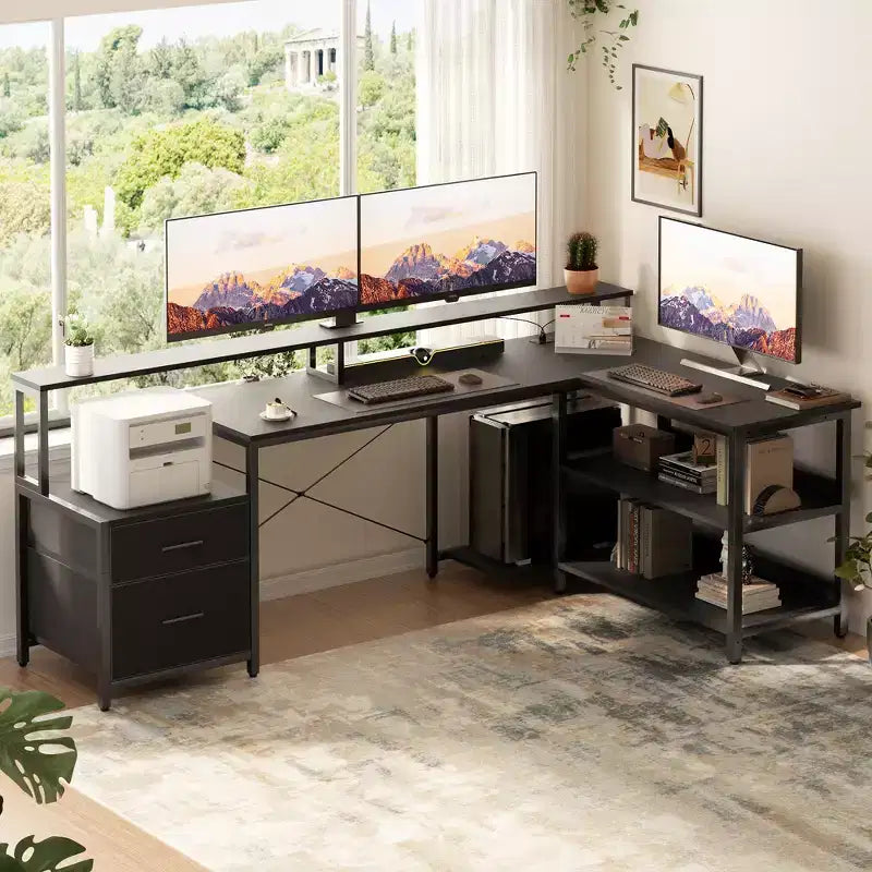 Besiost 66-73 Bureau réversible en L avec station de charge, bureau d'ordinateur pour bureau à domicile avec lumières LED et tiroirs