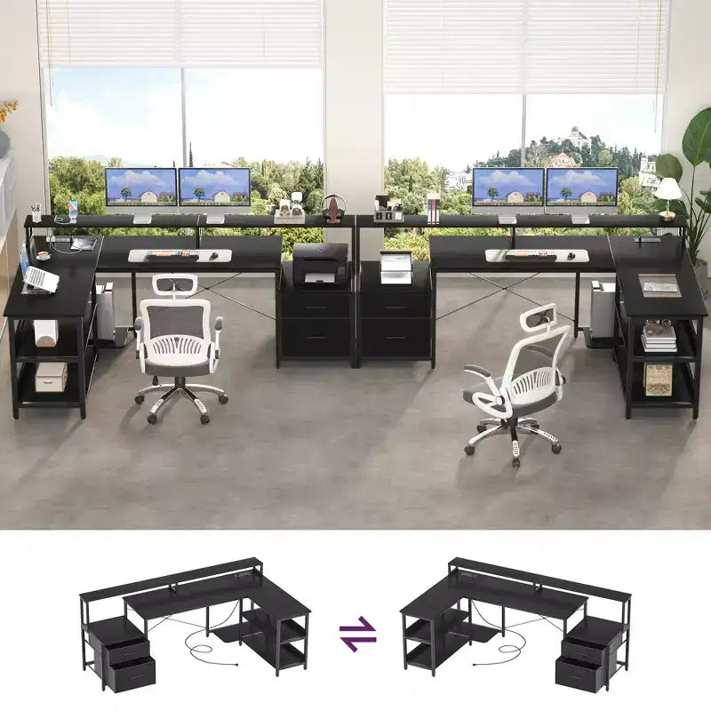 Besiost 66-73 Bureau réversible en L avec station de charge, bureau d'ordinateur pour bureau à domicile avec lumières LED et tiroirs