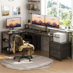 Besiost 66-73 Bureau réversible en L avec station de charge, bureau d'ordinateur pour bureau à domicile avec lumières LED et tiroirs