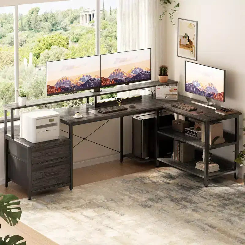 Besiost 66-73 Bureau réversible en L avec station de charge, bureau d'ordinateur pour bureau à domicile avec lumières LED et tiroirs