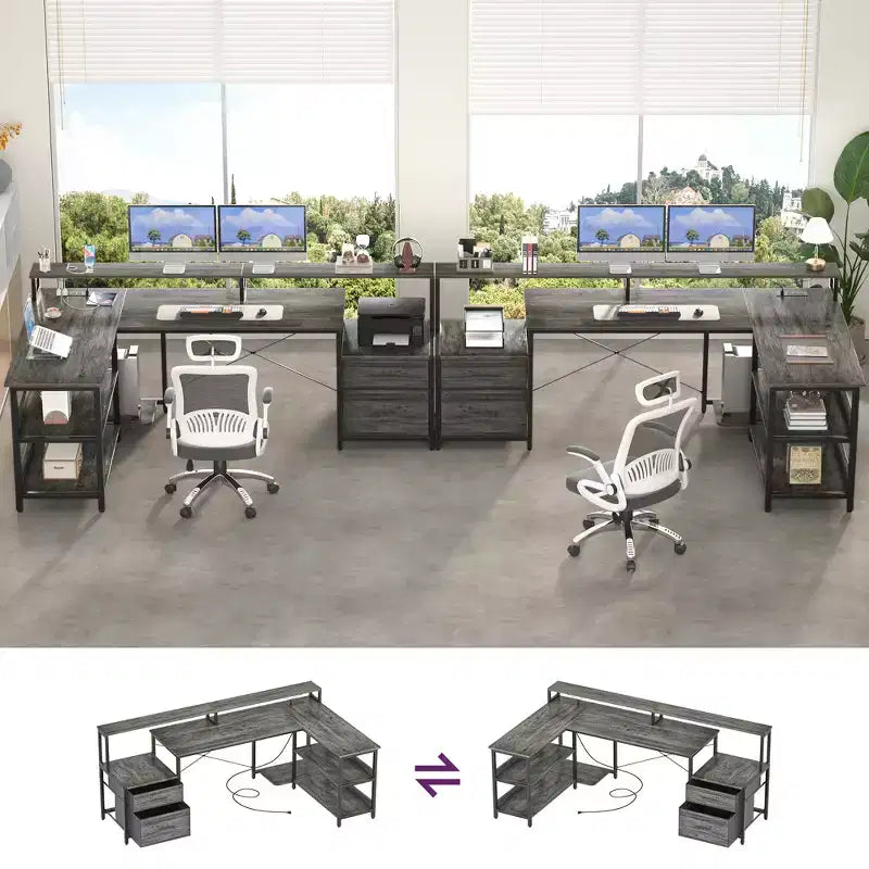 Besiost 66-73 Bureau réversible en L avec station de charge, bureau d'ordinateur pour bureau à domicile avec lumières LED et tiroirs