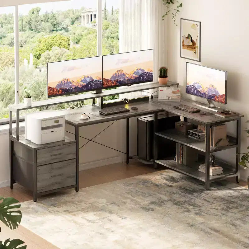 Besiost 66-73 Bureau réversible en L avec station de charge, bureau d'ordinateur pour bureau à domicile avec lumières LED et tiroirs